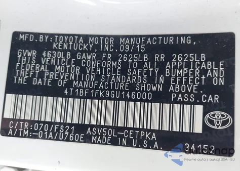 2016 Toyota Camry Se из США, поврежденный, VIN 4T1BF1FK9GU146000